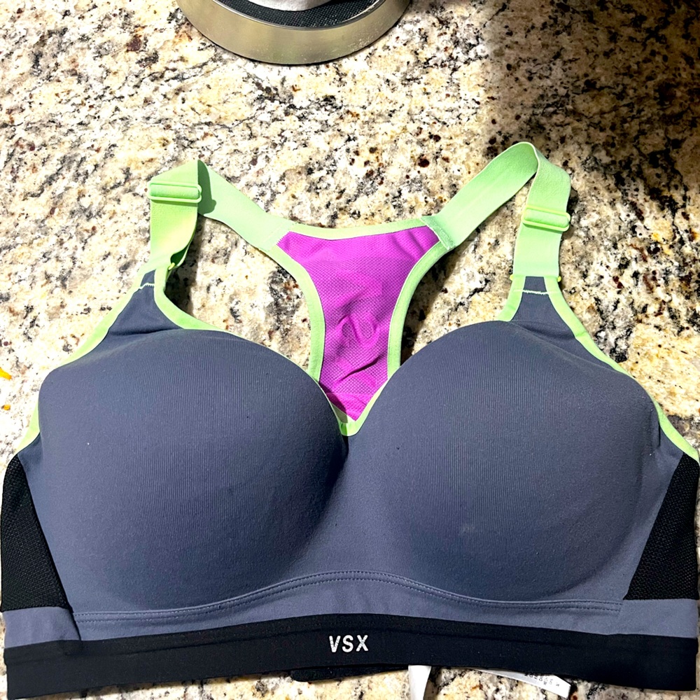 Victoria Secret Sports Bra. Grey, purple and lime green.